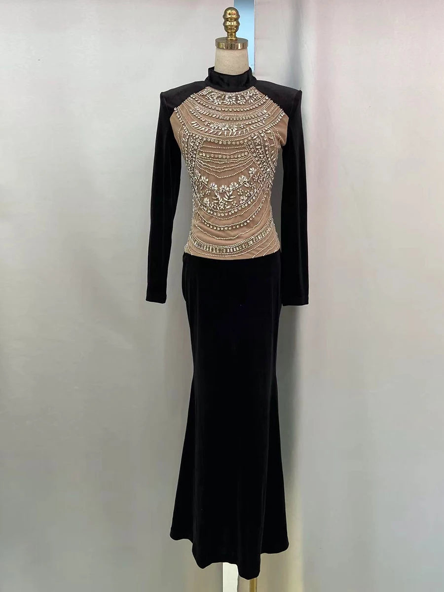 Hit Color Spliced Diamonds Slimming Dresses For Women O Neck Long Sleeve High Waist Temperament Dress Female New