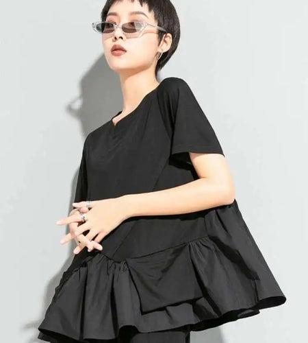 Women Black Hem Ruffles Big Size Casual T-shirt New Round Neck Short Sleeve Fashion Tide Spring Summer 2025 1DE9329