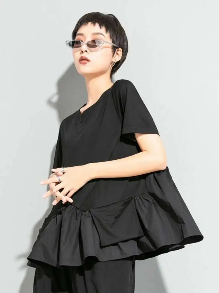 Women Black Hem Ruffles Big Size Casual T-shirt New Round Neck Short Sleeve Fashion Tide Spring Summer 2025 1DE9329