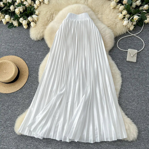 Load image into Gallery viewer, French Retro Women Fashion Solid Elegant Long Skirt Autumn Winter Elastic High Waist Popular Pleated Skirt Simplicity Streetwear
