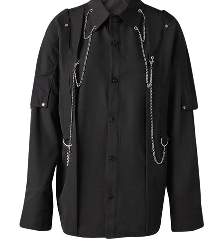 Women Black Metal  Chain Spliced Big Size Blouse New Lapel Long Sleeve Shirt Fashion Tide Spring Autumn 2025 CPG3100