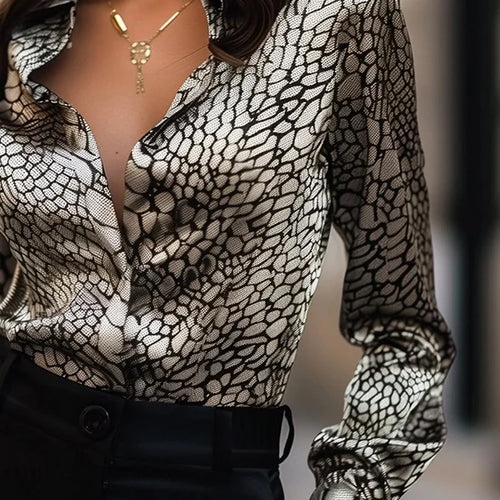 Load image into Gallery viewer, Long Sleeves Blouses Tops for Women Summer Fall Lapel Snakeskin Print Shirts and Blouses Business Casual Tops
