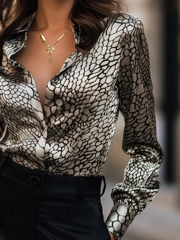 Long Sleeves Blouses Tops for Women Summer Fall Lapel Snakeskin Print Shirts and Blouses Business Casual Tops