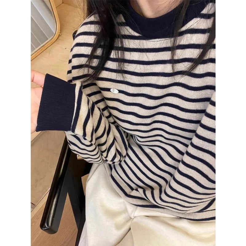 Korean Women Beige Striped Pullovers Velvet Sweater Casual Autumn Winter New Knitted Loose O-neck Long Sleeve Elegant Tops Thick