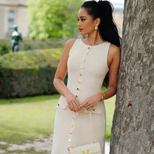 Load image into Gallery viewer, Elegant Sleeveless Sweater Knitted Button Long Dress Women Split Fit Fashion Street Female Vesidos 2024 Summer New Dress

