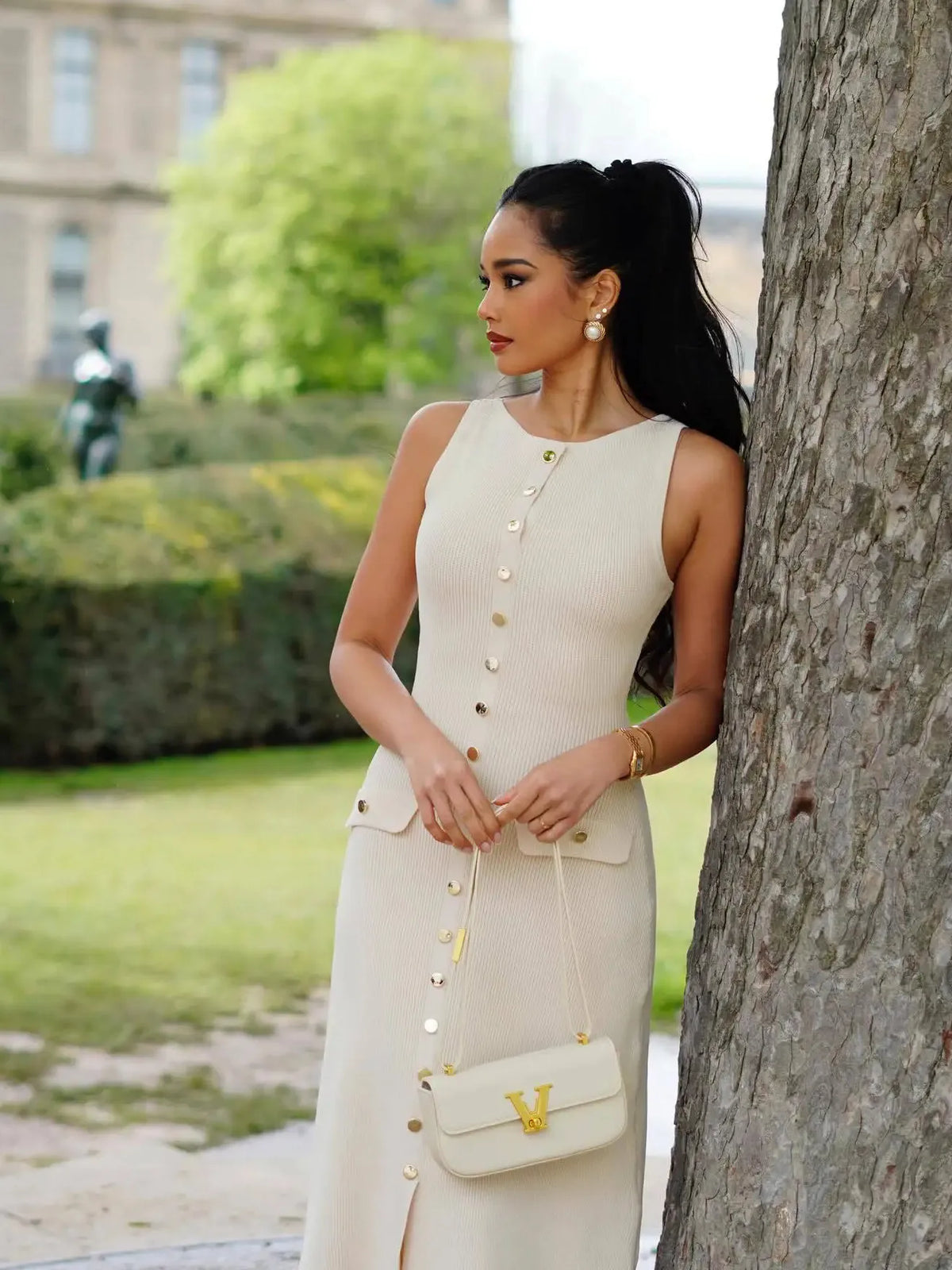 Elegant Sleeveless Sweater Knitted Button Long Dress Women Split Fit Fashion Street Female Vesidos 2024 Summer New Dress