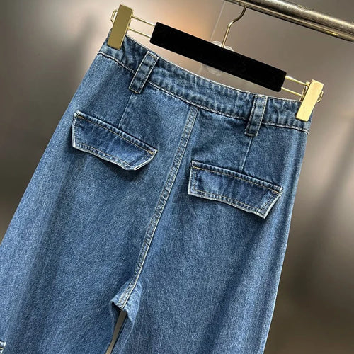 Load image into Gallery viewer, Patchwork Pocket Jeans For Women High Waist Spliced Zipper Casual Loose Wide Leg Pants Female Fashion Clothing
