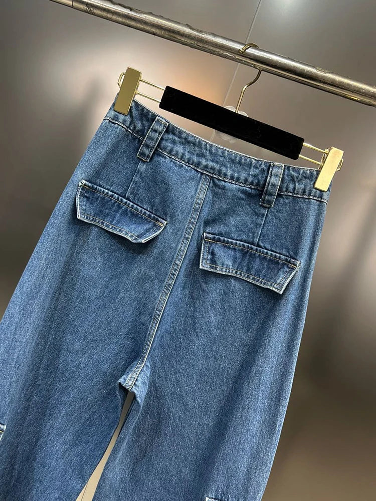 Patchwork Pocket Jeans For Women High Waist Spliced Zipper Casual Loose Wide Leg Pants Female Fashion Clothing