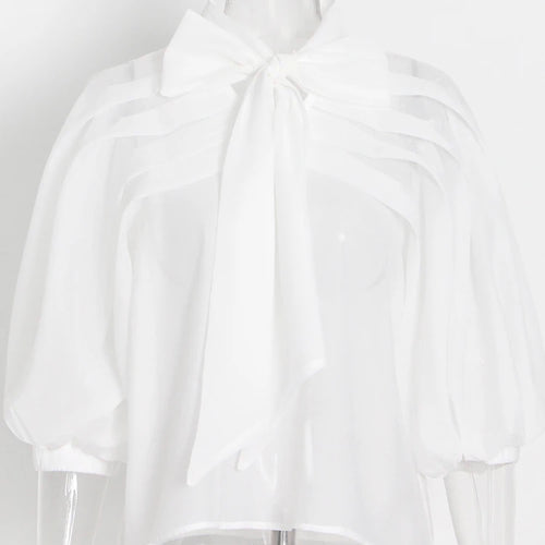 Load image into Gallery viewer, Loose Ruched Shirt For Women Bowknot Collar Lantern Sleeve Solid Minimalist Blouses Female Summer Clothing Fashion
