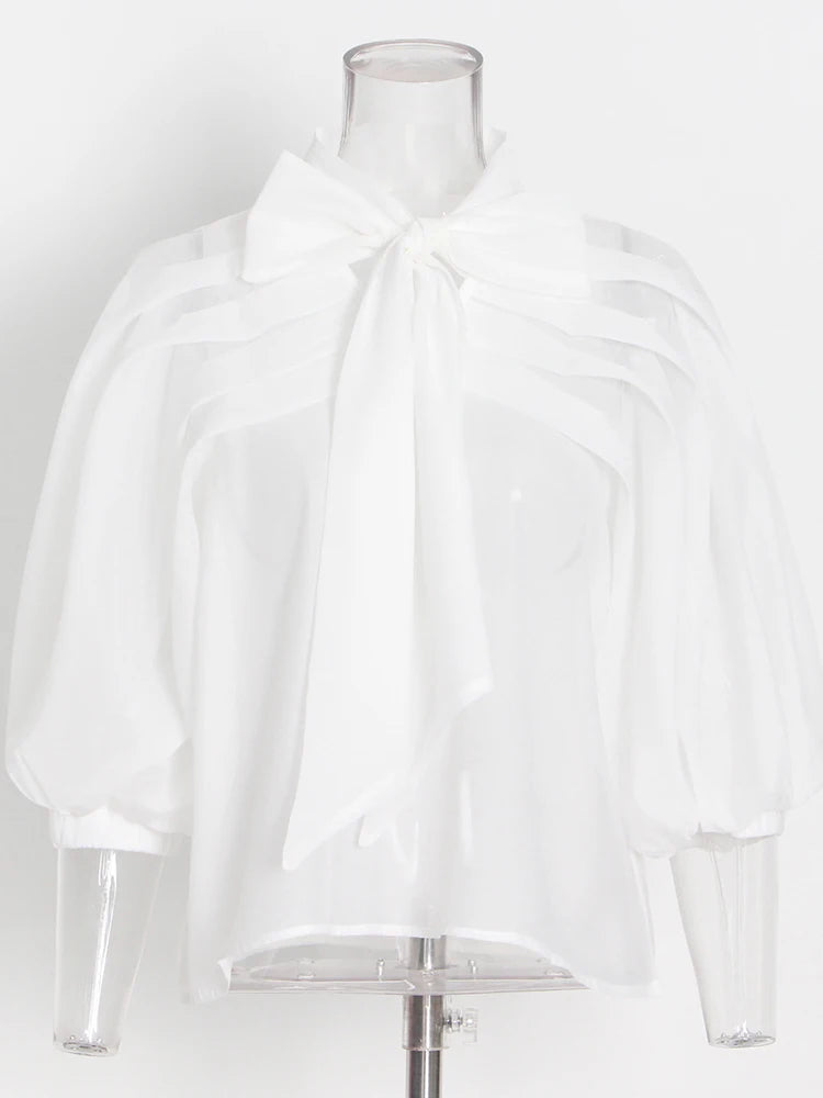 Loose Ruched Shirt For Women Bowknot Collar Lantern Sleeve Solid Minimalist Blouses Female Summer Clothing Fashion