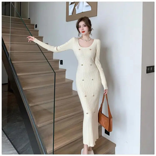 Load image into Gallery viewer, French Retro Square Neck Button Knitted Bodycon Dresses Women 2023 Autumn Winter Long Sleeve Sweater Long Dress Clothes Popular
