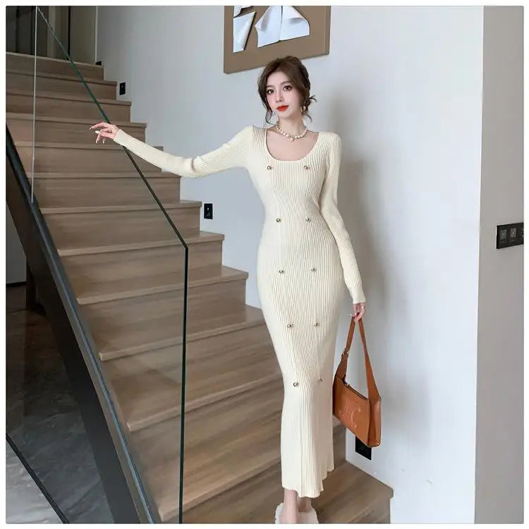 French Retro Square Neck Button Knitted Bodycon Dresses Women 2023 Autumn Winter Long Sleeve Sweater Long Dress Clothes Popular