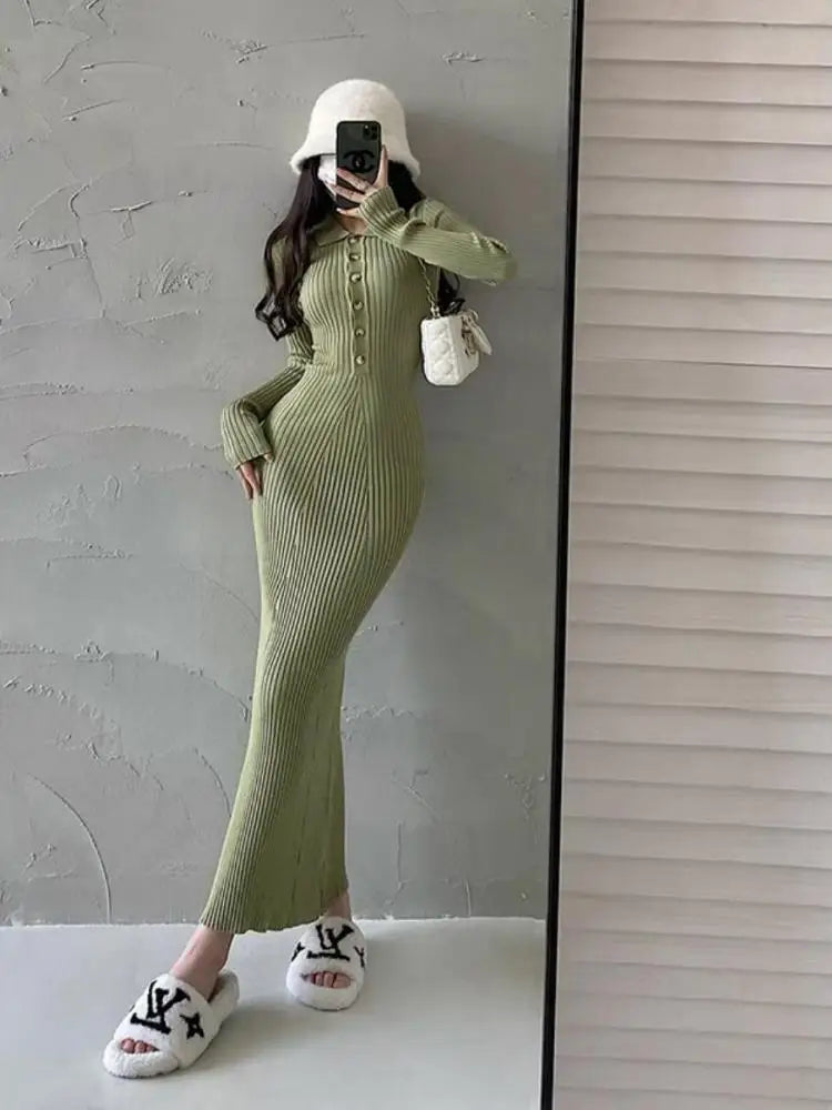 Elegant Party Dresses For Women 2023 Dress Autumn Winter Stretchy Long Sleeved Slim Vintage Basic Knit Dress Y2k