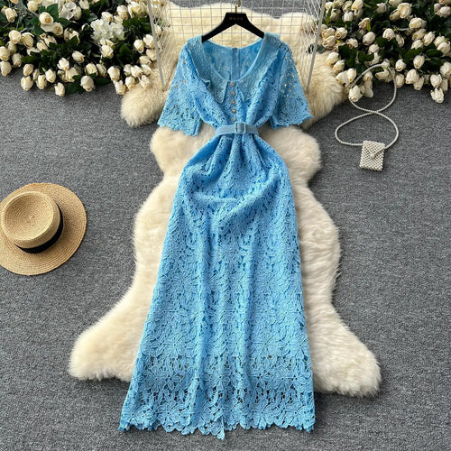 Load image into Gallery viewer, Summer Solid High Waist Button Birthday Lace Long Dress Women French Retro Elegant Short Sleeve Festival Party Evening Dress New

