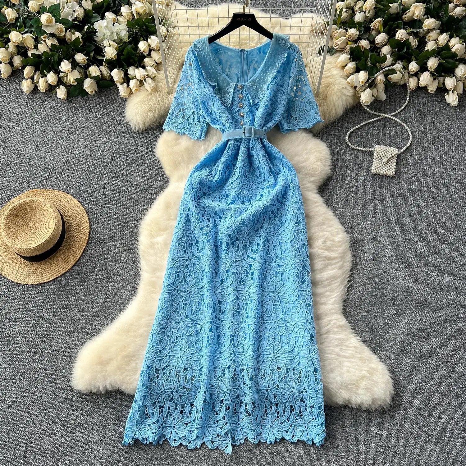 Summer Solid High Waist Button Birthday Lace Long Dress Women French Retro Elegant Short Sleeve Festival Party Evening Dress New