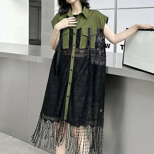 Load image into Gallery viewer, Women Army Green Lace Perspective Tassels Midi Shirt Dress New Lapel Sleeveless Fashion Tide Spring Summer 2025 1DH4540
