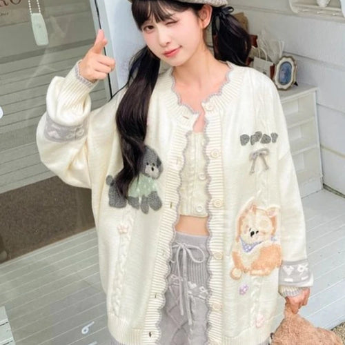 Load image into Gallery viewer, 2025 Preppy Style Cartoon Embroidery Cardigans Y2k Aesthetic Women Contrast Color Patchwork Sweater Streetwear Kawaii Cute Coats
