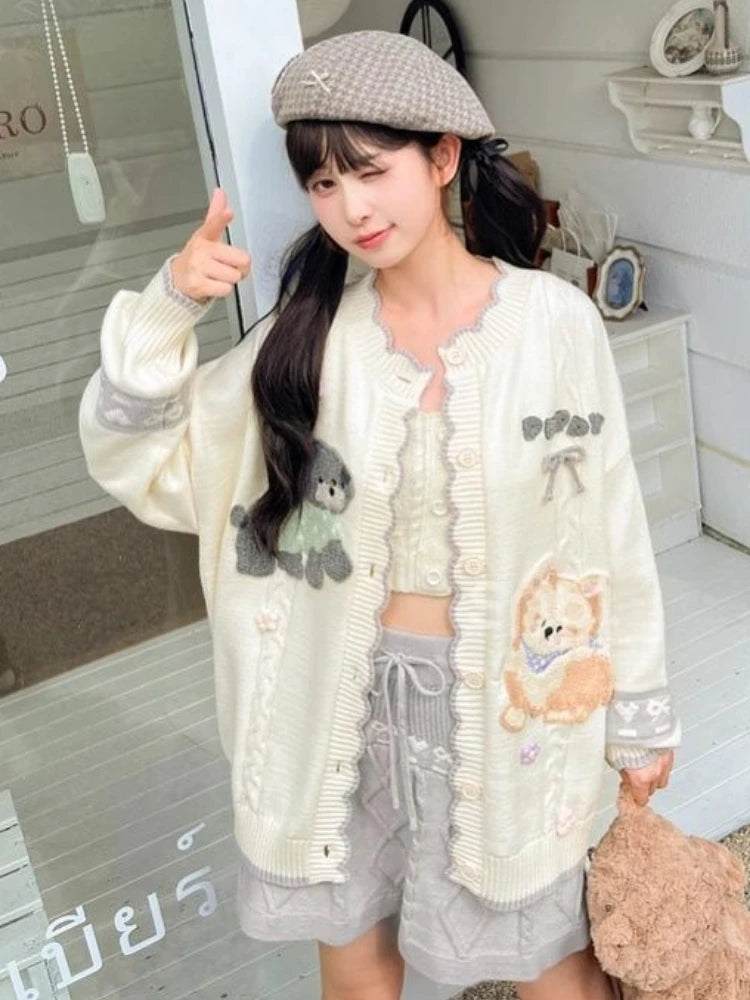2025 Preppy Style Cartoon Embroidery Cardigans Y2k Aesthetic Women Contrast Color Patchwork Sweater Streetwear Kawaii Cute Coats