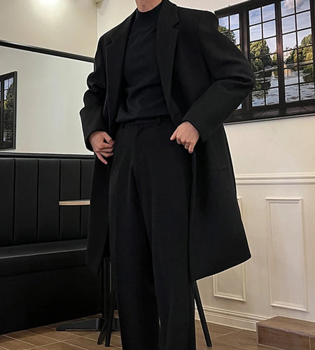 Korean Style Men's Woolen Coats Lapel Design Solid Color Trendy Casual Single Breasted Male Loose Spring Tops 9W1849