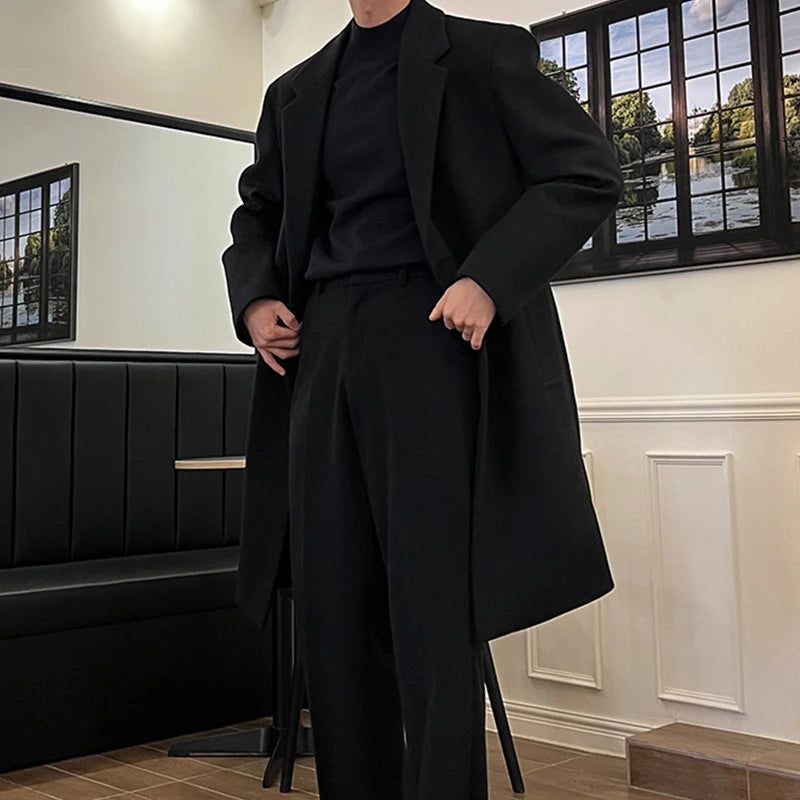 Korean Style Men's Woolen Coats Lapel Design Solid Color Trendy Casual Single Breasted Male Loose Spring Tops 9W1849