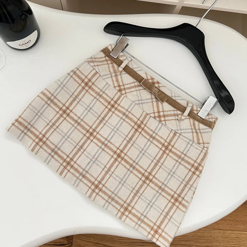 Load image into Gallery viewer, Autumn Winter Vintage Beige Plaid Wrap Hip Mini Skirt Korean Women High Waist Sexy Club A-line Short Skirt Ladies Fashion Casual
