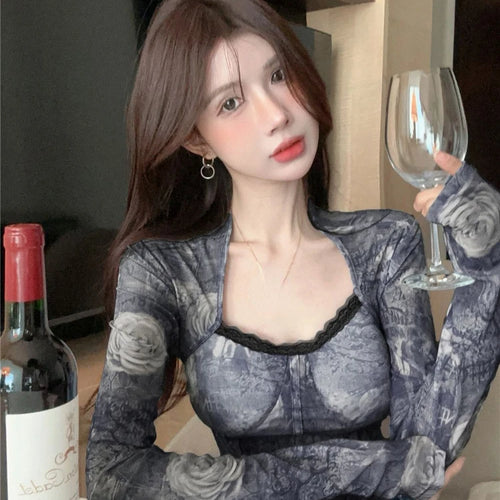 Load image into Gallery viewer, Spring Y2k Aesthetic Tie-dye Printing Tops Lace Bottoming Crop Tops Streetwear Harajuku Women Vintage Sexy Grunge T-shirt Tees
