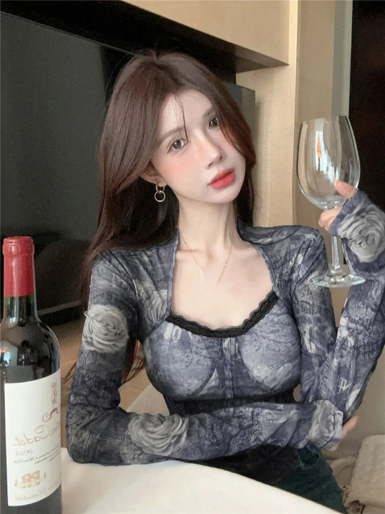 Spring Y2k Aesthetic Tie-dye Printing Tops Lace Bottoming Crop Tops Streetwear Harajuku Women Vintage Sexy Grunge T-shirt Tees