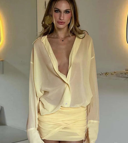 Sexy Long Sleeve Turn-down Colla Bag Hip Strap Shirt Dress For Women See Through Patchwork High Waist Dress Streetwear