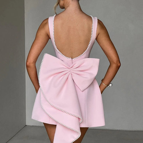Load image into Gallery viewer, Pearl Bow Backless Sexy Mini Dress For Women Robe Fashion Zipper Sleeveless High Waist A-line Club Party Dress Elegant
