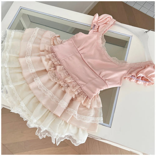 Load image into Gallery viewer, French Summer Sweet Pink Patchwork Lace Short Sleeve Tops And Beige High Waist Ruffle Edge Cake Mini Skirt Women Two Piece Sets
