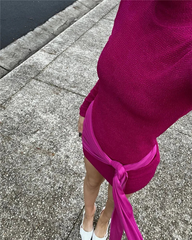 Turtleneck Long Sleeve Sexy Mini Dress For Women Autumn Fashion Ruched Draped Slim Fit Dress Ladies Elegant Dress