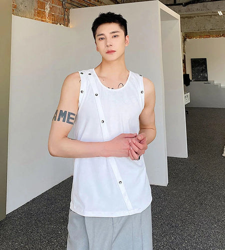 Summer Tight Fitting Vest Round Neck Sleeveless Men's Tank Top Personalized Button Shoulderless Fashion Solid Color 9C5330