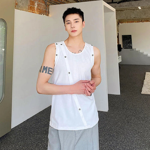 Load image into Gallery viewer, Summer Tight Fitting Vest Round Neck Sleeveless Men&#39;s Tank Top Personalized Button Shoulderless Fashion Solid Color 9C5330
