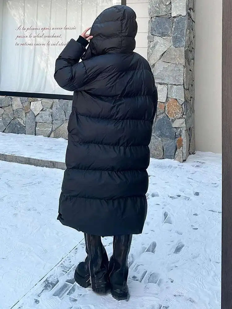 Black Thick Long Warm Big Size Hooded Cotton-padded Coat Long Sleeve Women Parkas Fashion New Autumn Winter 2025 1DH8321