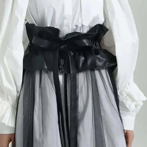 Load image into Gallery viewer, High Waist Black Pu Leather Ruffles Mesh Long Elegant Half-body Skirt Women Fashion Tide New Spring Autumn 2025 1DF6219
