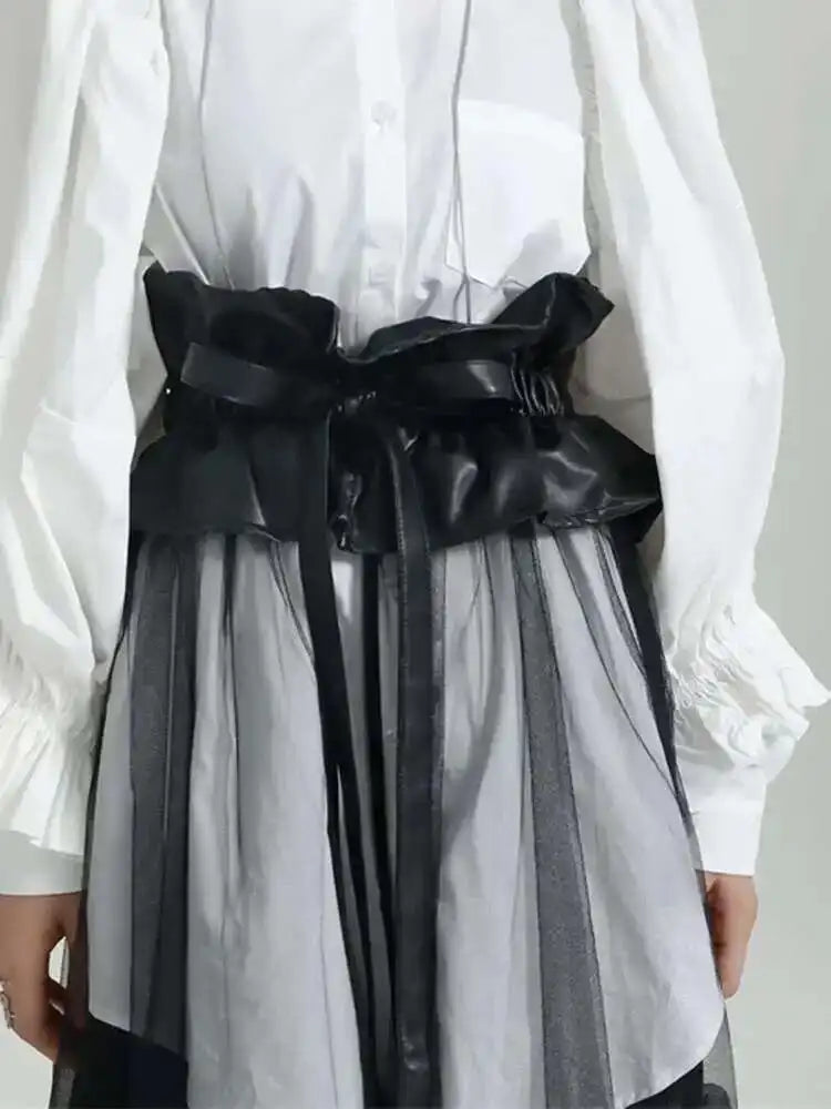 High Waist Black Pu Leather Ruffles Mesh Long Elegant Half-body Skirt Women Fashion Tide New Spring Autumn 2025 1DF6219