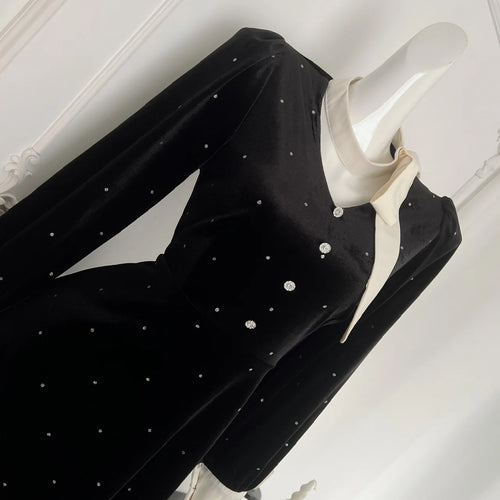 Load image into Gallery viewer, Autumn Winter 2024 French Black Velvet Patchwork Dot Elegant Single Breasted Dress Women V Neck Long Sleeved Party Evening Dress
