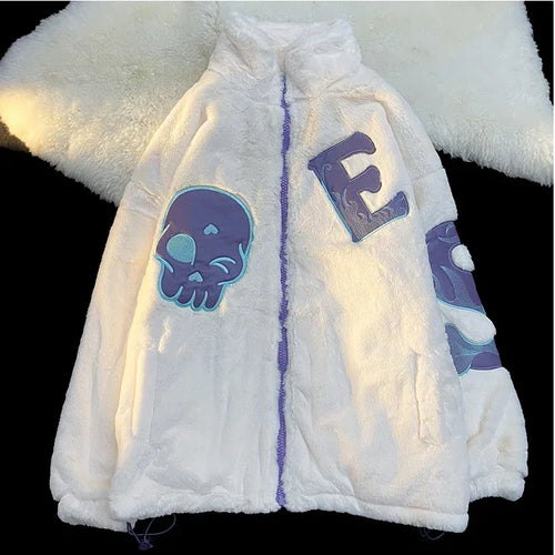 Load image into Gallery viewer, Korean Autumn Winter Women Y2k Jackets Coats 2025 Harajuku Lamb Woolen Coat Skull Embroidery Casual Loose Outwear
