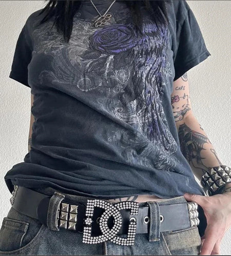 y2k Gothic Tops Summer Women Grunge Floral Wings Print O Neck Short Sleeve T Shirts 2000s Aesthetic Clothes Streetwear