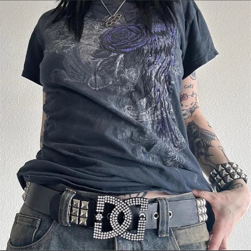 Load image into Gallery viewer, y2k Gothic Tops Summer Women Grunge Floral Wings Print O Neck Short Sleeve T Shirts 2000s Aesthetic Clothes Streetwear
