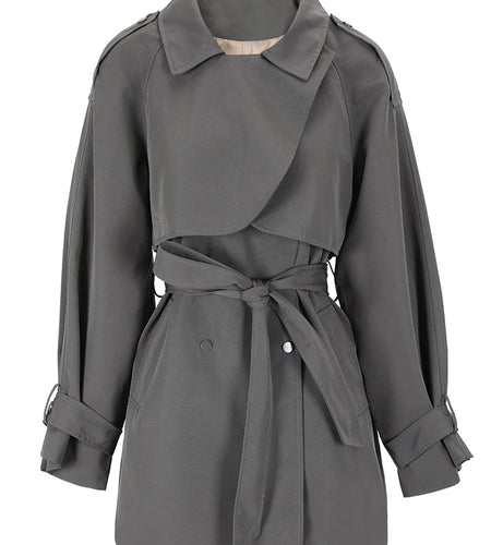 Women Gray Belted Big Size Trench New Lapel Long Sleeve Loose Fit Windbreaker Fashion Tide Spring Autumn 2025 CPG0586