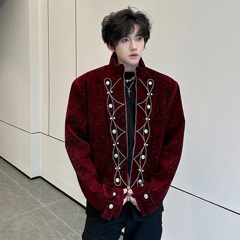 Men's Jackets New Korean Style Embroidery Nail Bead Flash Zipper Stylish Stand Handsome Male Spring Tops 2025 9W1936