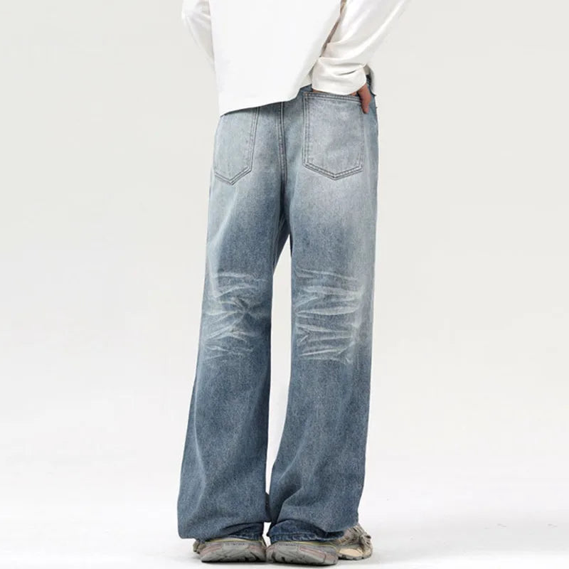 Men's Jeans Washed Denim Pants New American High Street Messy Cat Whiskers Stylish Baggystraight Style Trousers 9W1550