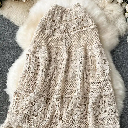 Load image into Gallery viewer, Retro French White Elegant Hook Flower Hollow Elastic High Waist Skirt Women Khaki Vacation Slim Skirts Female Autumn New Trend
