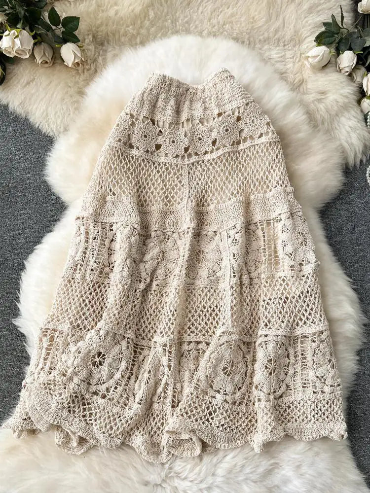 Retro French White Elegant Hook Flower Hollow Elastic High Waist Skirt Women Khaki Vacation Slim Skirts Female Autumn New Trend