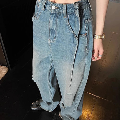 Load image into Gallery viewer, Solid Loose Spliced Hole Casual Jeans for Women High Waist Patchwork Pocket Basics Jean Female Fashion Clothing New
