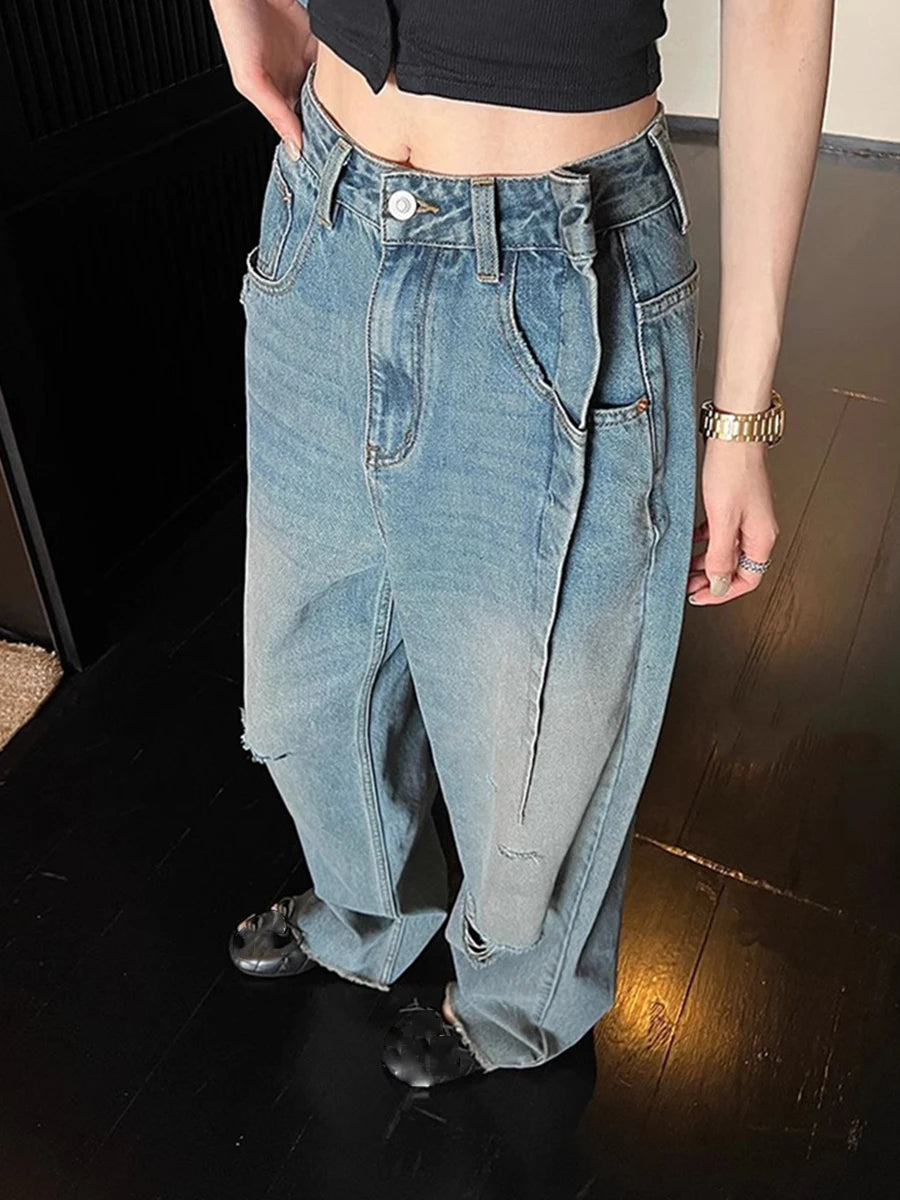 Solid Loose Spliced Hole Casual Jeans for Women High Waist Patchwork Pocket Basics Jean Female Fashion Clothing New