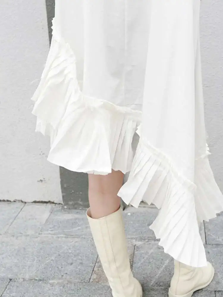 Women Black Pleated Irregular Casual Shirt Dress New Stand Collar Long Sleeve Loose Fit Fashion Spring Autumn 2025 1DF4825