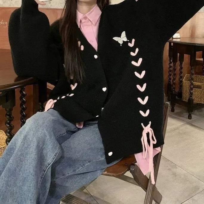 Autumn Grunge Butterfly Knitted Cardigans Y2k Aesthetic Single Breasted Coats Harajuku Bandage Women Kawaii JK Sweaters Jumper