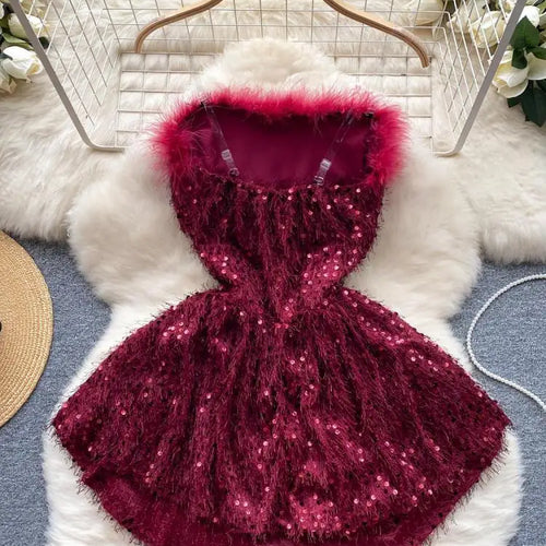 Load image into Gallery viewer, Black Sequin Plush Slim Mini Dress Women Christmas New Year Party Luxury Celebrity Evening Strapless Dress Sexy Club Red Dresses
